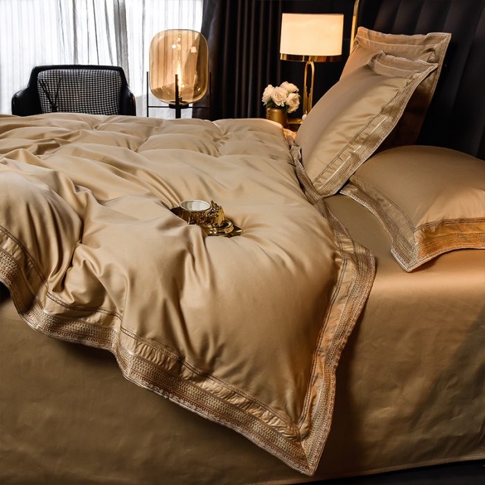 91家纺网 家纺一手货源 找家纺 2024新款高支高密轻奢风长绒棉刺绣绣花四件套千寻系列 香槟金