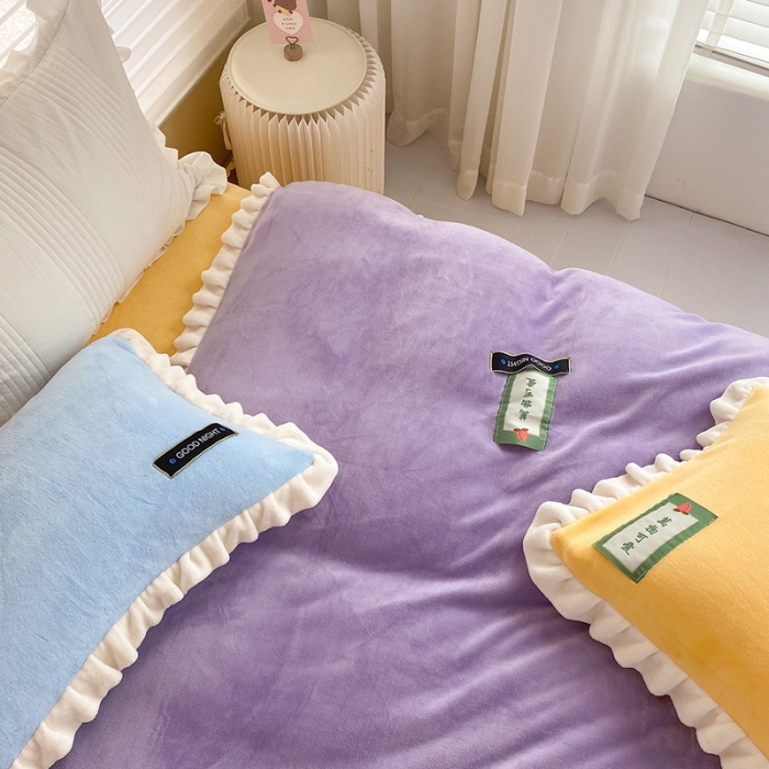 91家纺网 家纺一手货源 找家纺 安哆啦2021纯色拼色撞色新款床裙牛奶绒四件套糖果色-风信紫