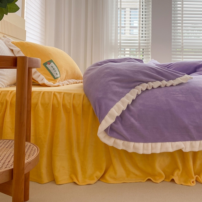 91家纺网 家纺一手货源 找家纺 安哆啦2021纯色拼色撞色新款床裙牛奶绒四件套糖果色-风信紫