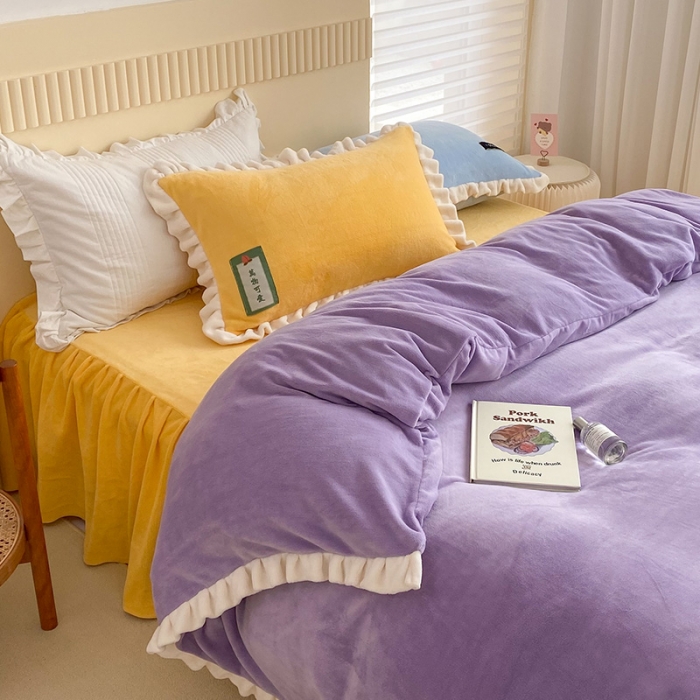 91家纺网 家纺一手货源 找家纺 安哆啦2021纯色拼色撞色新款床裙牛奶绒四件套糖果色-风信紫
