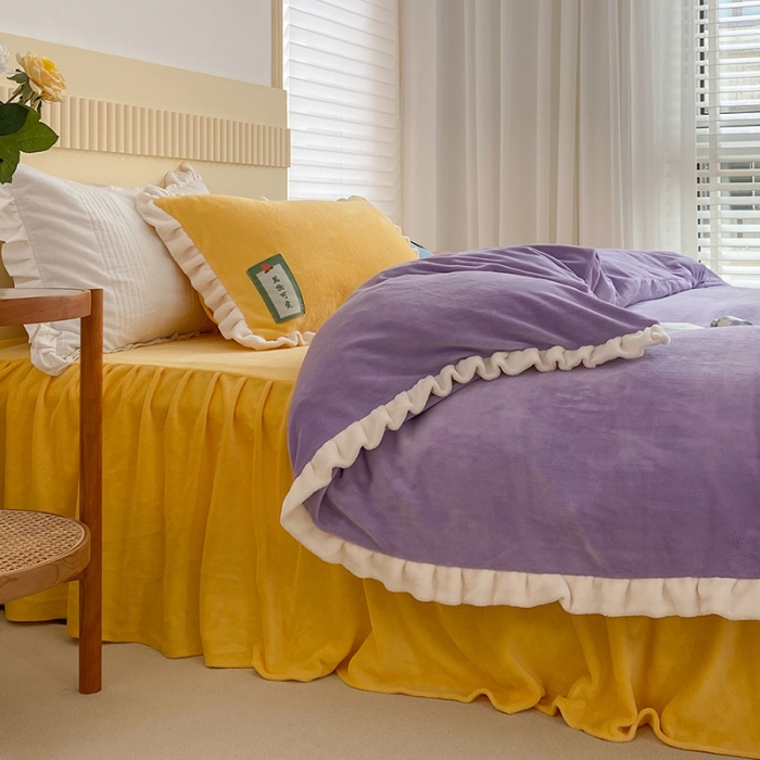 91家纺网 家纺一手货源 找家纺 安哆啦2021纯色拼色撞色新款床裙牛奶绒四件套糖果色-风信紫