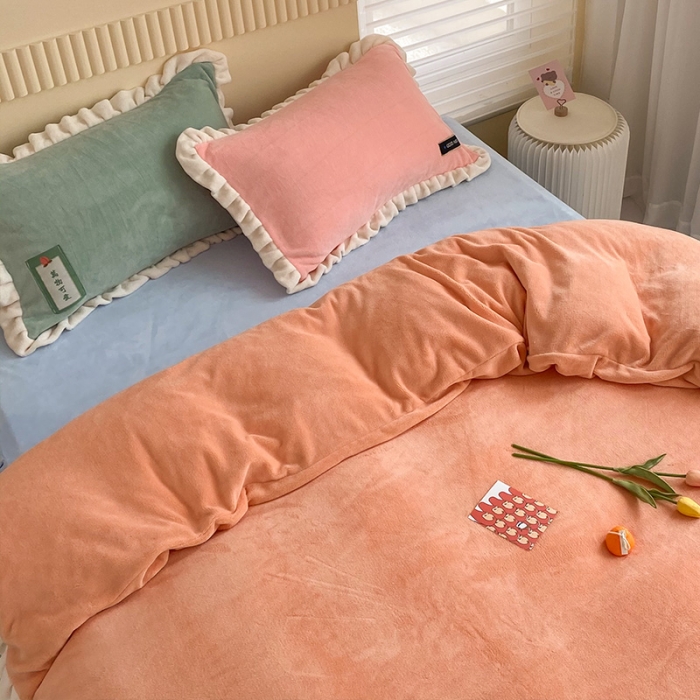 91家纺网 家纺一手货源 找家纺 安哆啦2021纯色拼色撞色新款床裙牛奶绒四件套糖果-美人蕉橙