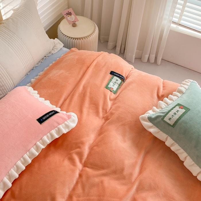 91家纺网 家纺一手货源 找家纺 安哆啦2021纯色拼色撞色新款床裙牛奶绒四件套糖果-美人蕉橙