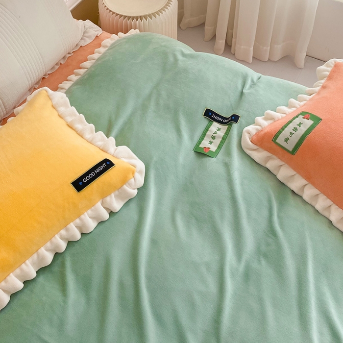 91家纺网 家纺一手货源 找家纺 安哆啦2021纯色拼色撞色新款床裙牛奶绒四件套糖果色-明绿