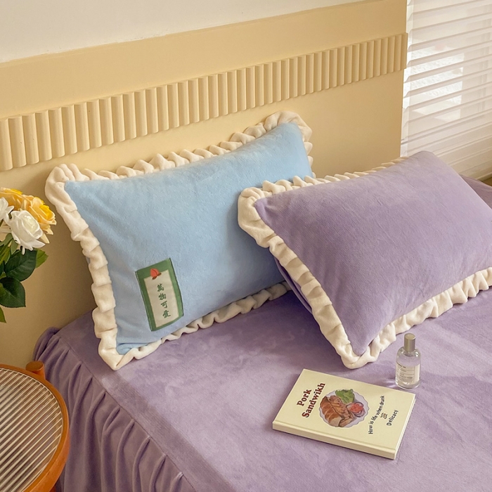 91家纺网 家纺一手货源 找家纺 安哆啦2021纯色拼色撞色新款床裙牛奶绒四件套糖果色-浅烙黄