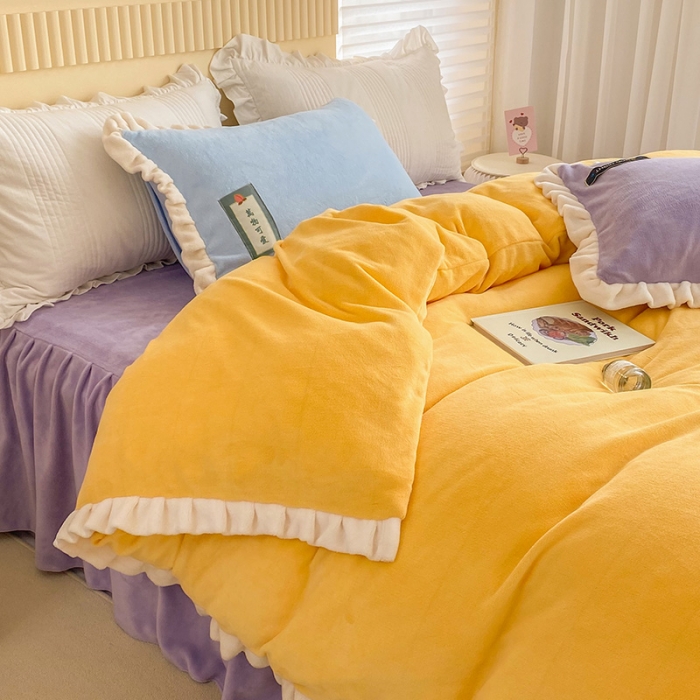 91家纺网 家纺一手货源 找家纺 安哆啦2021纯色拼色撞色新款床裙牛奶绒四件套糖果色-浅烙黄
