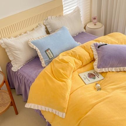 安哆啦2021纯色拼色撞色新款床裙牛奶绒四件套糖果色-浅烙黄