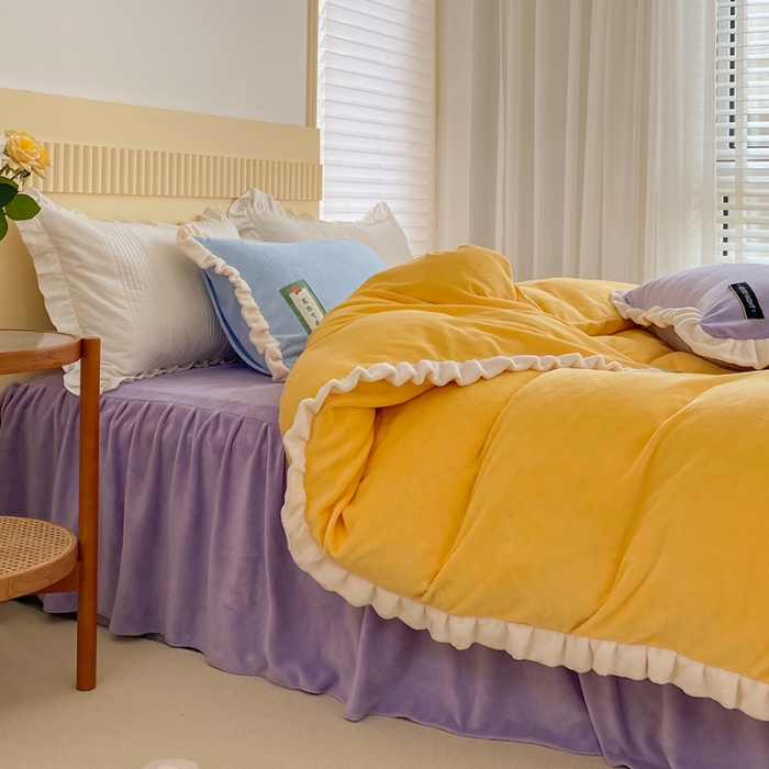 91家纺网 家纺一手货源 找家纺 安哆啦2021纯色拼色撞色新款床裙牛奶绒四件套糖果色-浅烙黄