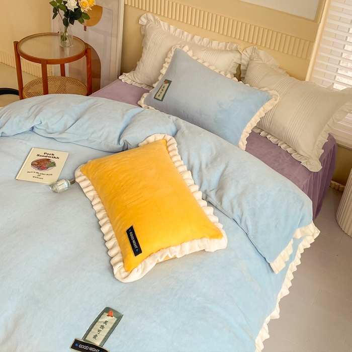 91家纺网 家纺一手货源 找家纺 安哆啦2021纯色拼色撞色新款床裙牛奶绒四件套糖果色-清水蓝