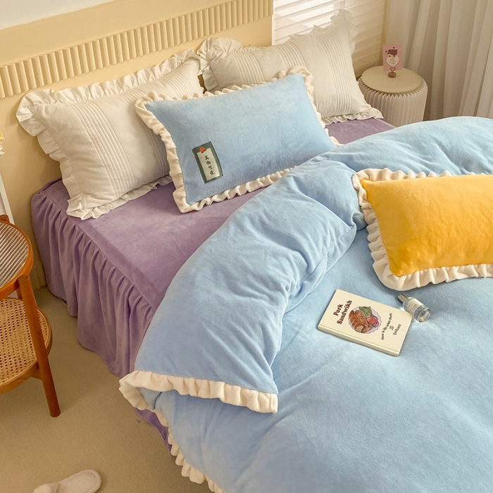 91家纺网 家纺一手货源 找家纺 安哆啦2021纯色拼色撞色新款床裙牛奶绒四件套糖果色-清水蓝