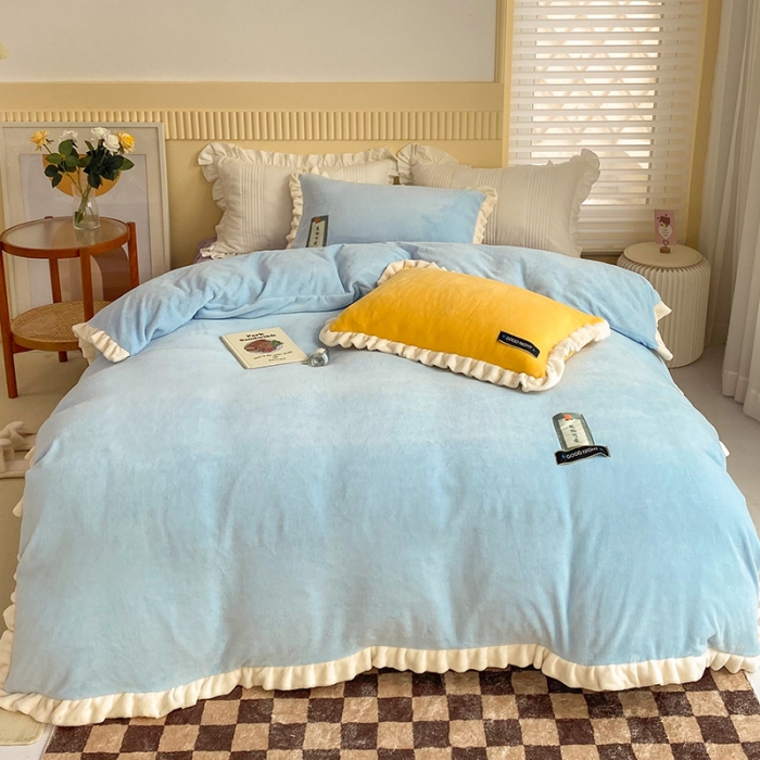 91家纺网 家纺一手货源 找家纺 安哆啦2021纯色拼色撞色新款床裙牛奶绒四件套糖果色-清水蓝