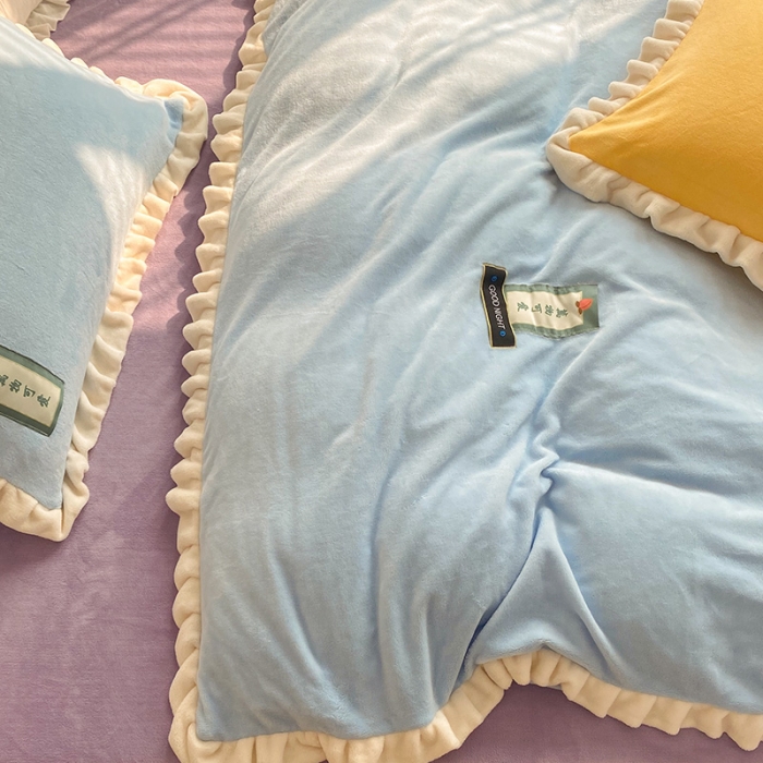 91家纺网 家纺一手货源 找家纺 安哆啦2021纯色拼色撞色新款床裙牛奶绒四件套糖果色-清水蓝