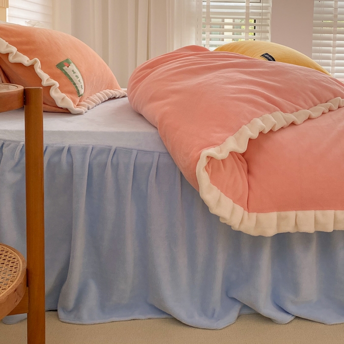 91家纺网 家纺一手货源 找家纺 安哆啦2021纯色拼色撞色新款床裙牛奶绒四件套糖果色-樱花粉