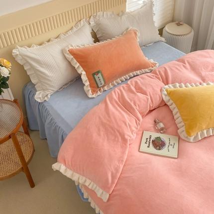 安哆啦2021纯色拼色撞色新款床裙牛奶绒四件套糖果色-樱花粉
