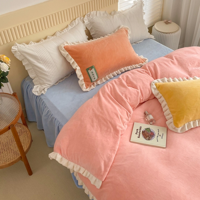 91家纺网 家纺一手货源 找家纺 安哆啦2021纯色拼色撞色新款床裙牛奶绒四件套糖果色-樱花粉