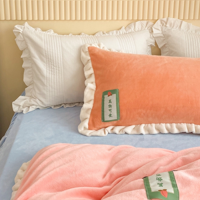 91家纺网 家纺一手货源 找家纺 安哆啦2021纯色拼色撞色新款床裙牛奶绒四件套糖果色-樱花粉