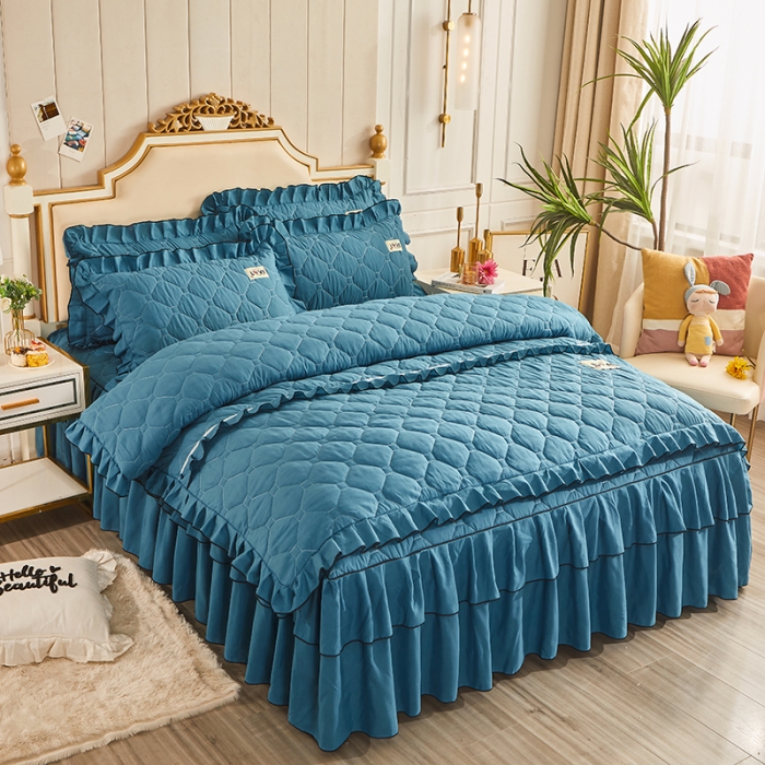 91家纺网 家纺一手货源 找家纺 艾裙海 2025新款床裙款全夹棉四件套 宝蓝