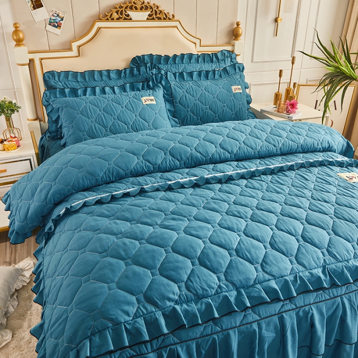 91家纺网 家纺一手货源 找家纺 艾裙海 2025新款床裙款全夹棉四件套 宝蓝