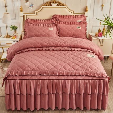 91家纺网 家纺一手货源 找家纺 艾裙海 2025新款床裙款全夹棉四件套 豆沙红