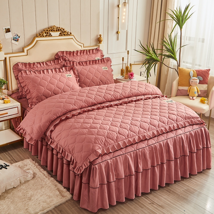 91家纺网 家纺一手货源 找家纺 艾裙海 2025新款床裙款全夹棉四件套 豆沙红