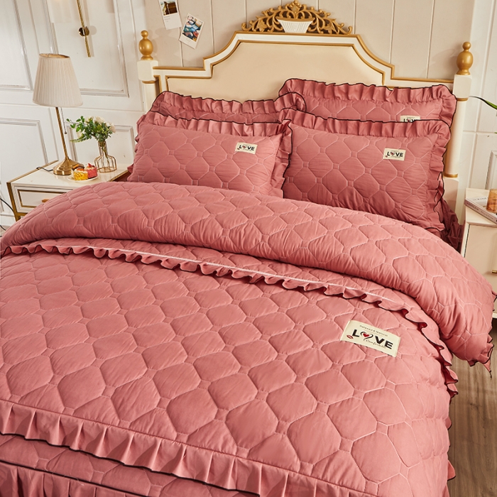 91家纺网 家纺一手货源 找家纺 艾裙海 2025新款床裙款全夹棉四件套 豆沙红