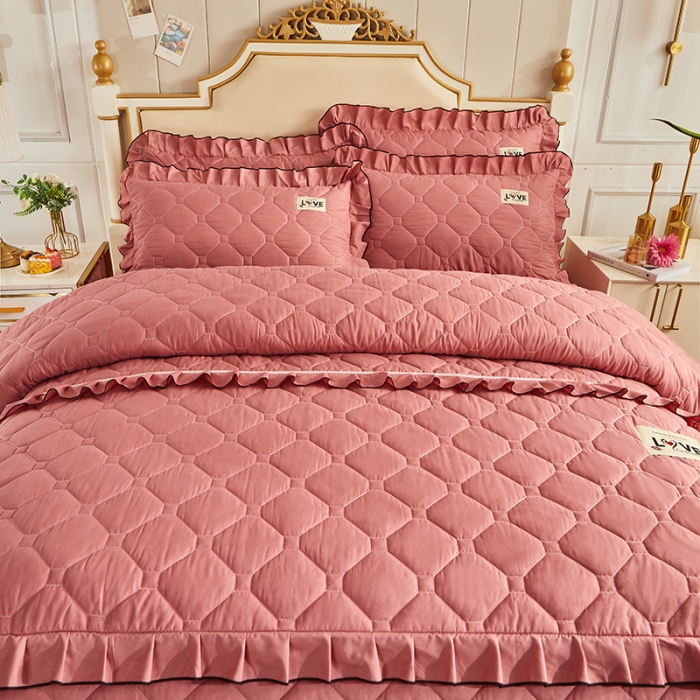 91家纺网 家纺一手货源 找家纺 艾裙海 2025新款床裙款全夹棉四件套 豆沙红