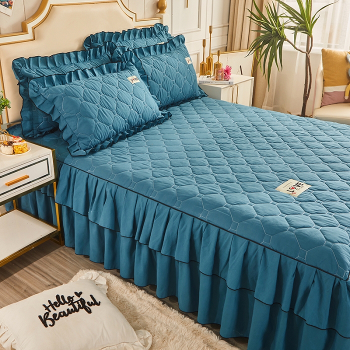 91家纺网 家纺一手货源 找家纺 艾裙海 2025新款纯色磨毛夹棉单床裙 宝蓝