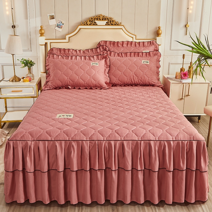 91家纺网 家纺一手货源 找家纺 艾裙海 2025新款纯色磨毛夹棉单床裙 豆沙红