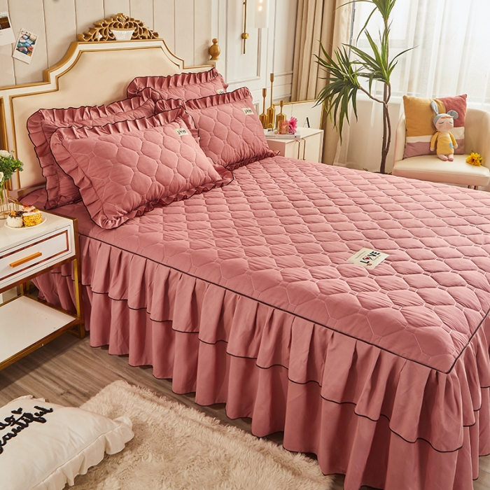 91家纺网 家纺一手货源 找家纺 艾裙海 2025新款纯色磨毛夹棉单床裙 豆沙红