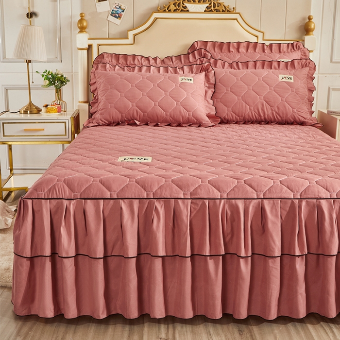 91家纺网 家纺一手货源 找家纺 艾裙海 2025新款纯色磨毛夹棉单床裙 豆沙红