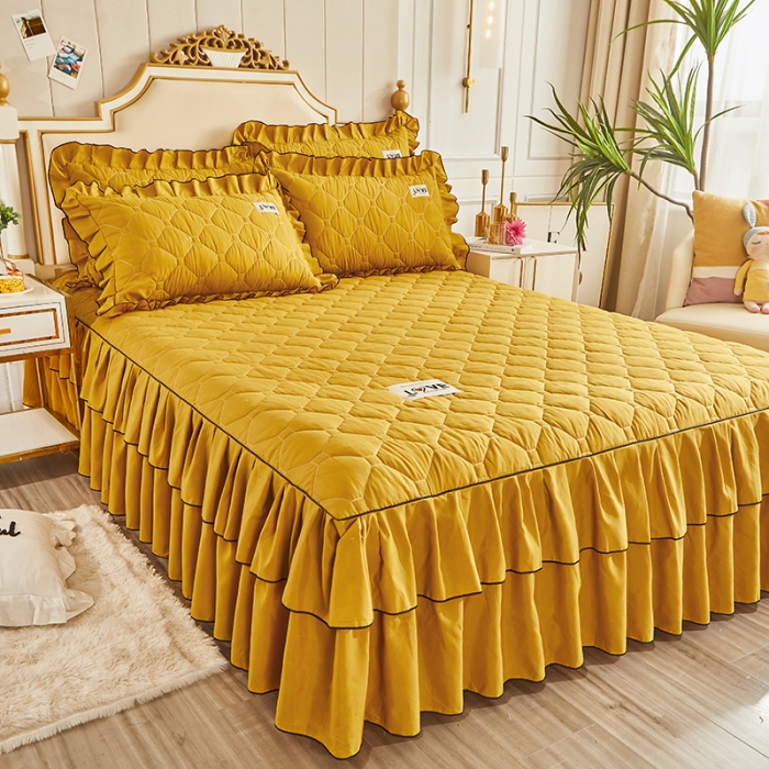 91家纺网 家纺一手货源 找家纺 艾裙海 2025新款纯色磨毛夹棉单床裙 姜黄