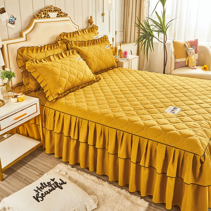 91家纺网 家纺一手货源 找家纺 艾裙海 2025新款纯色磨毛夹棉单床裙 姜黄