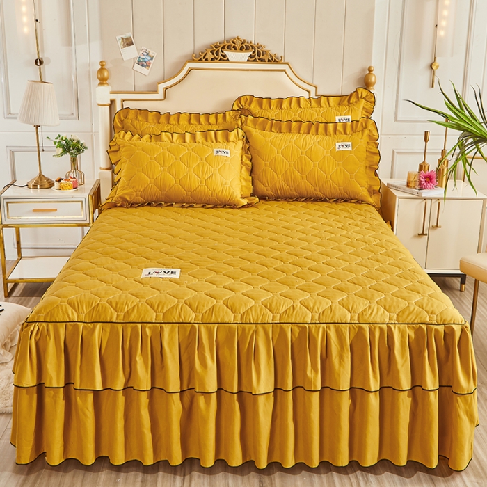 91家纺网 家纺一手货源 找家纺 艾裙海 2025新款纯色磨毛夹棉单床裙 姜黄