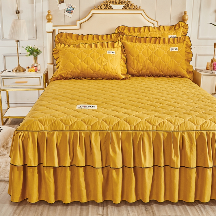 91家纺网 家纺一手货源 找家纺 艾裙海 2025新款纯色磨毛夹棉单床裙 姜黄