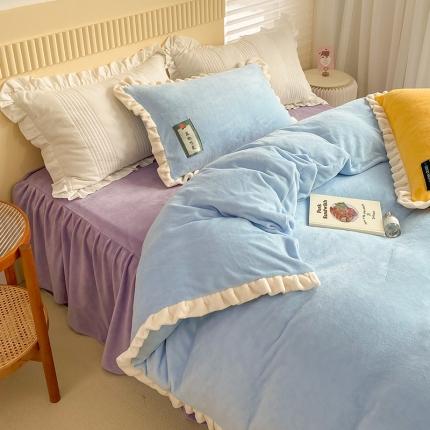 91家纺网 家纺一手货源 找家纺 （总）安哆啦2021纯色拼色撞色新款床裙牛奶绒四件套糖果系列