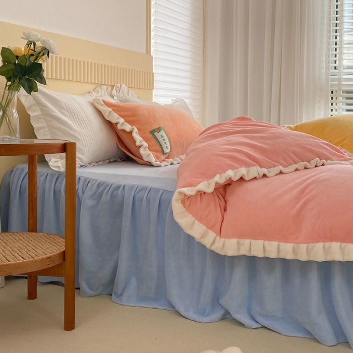 91家纺网 家纺一手货源 找家纺 （总）安哆啦2021纯色拼色撞色新款床裙牛奶绒四件套糖果系列