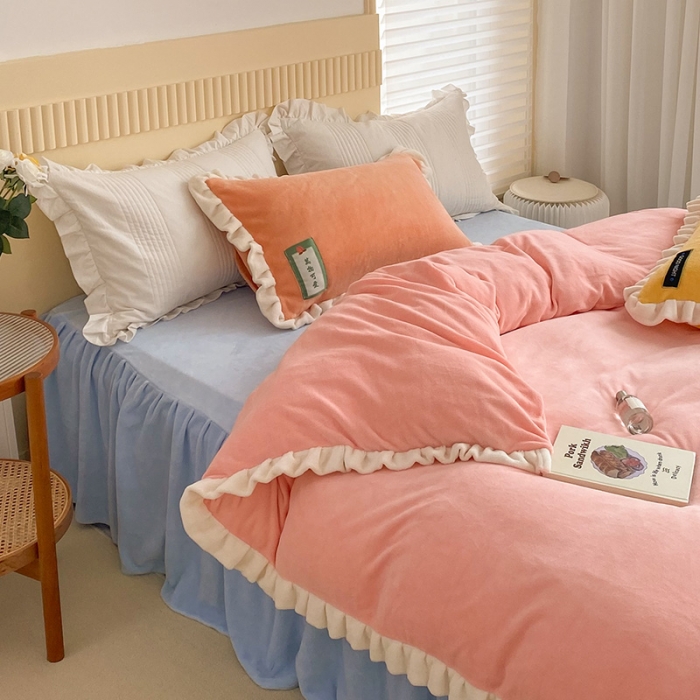 91家纺网 家纺一手货源 找家纺 （总）安哆啦2021纯色拼色撞色新款床裙牛奶绒四件套糖果系列