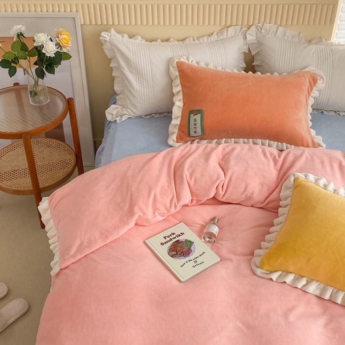 91家纺网 家纺一手货源 找家纺 （总）安哆啦2021纯色拼色撞色新款床裙牛奶绒四件套糖果系列