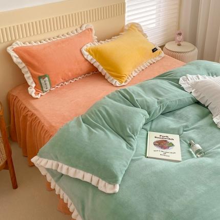 安哆啦2021纯色拼色撞色新款床裙牛奶绒四件套糖果色-明绿