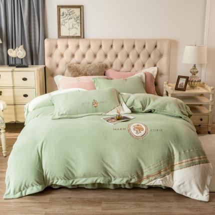 91家纺网 家纺一手货源 找家纺 佰亿莱2024新款牛奶绒贴布绣四件套-居里夫人系列 草绿