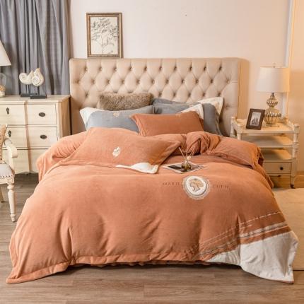 91家纺网 家纺一手货源 找家纺 佰亿莱2024新款牛奶绒贴布绣四件套-居里夫人系列 珊瑚橙