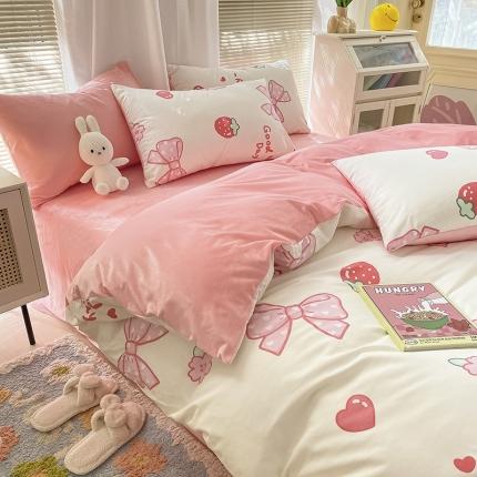 91家纺网 家纺一手货源 找家纺 2022新款全棉+水晶绒四件套 粉色蝴蝶结