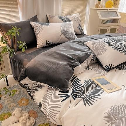 91家纺网 家纺一手货源 找家纺 2022新款全棉+水晶绒四件套 羽叶