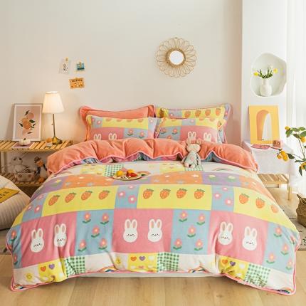 91家纺网 家纺一手货源 找家纺 琪格格2022新款工艺款牛奶绒小包边四件套 彩虹梦