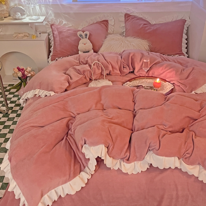 91家纺网 家纺一手货源 找家纺 千朵 2021新款法莱绒加厚牛奶绒四件套 豆沙粉