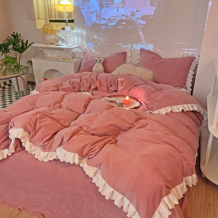 91家纺网 家纺一手货源 找家纺 千朵 2021新款法莱绒加厚牛奶绒四件套 豆沙粉