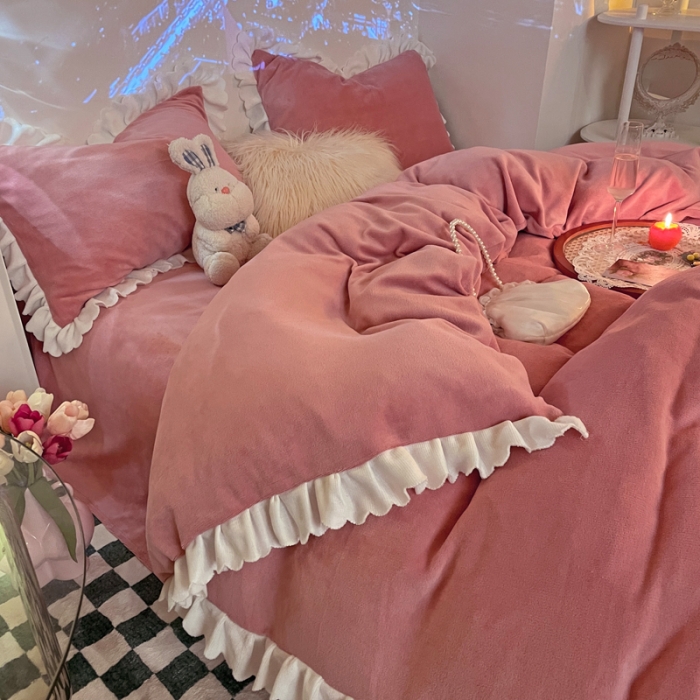 91家纺网 家纺一手货源 找家纺 千朵 2021新款法莱绒加厚牛奶绒四件套 豆沙粉