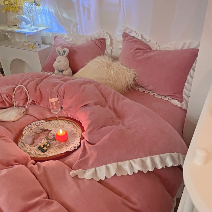 91家纺网 家纺一手货源 找家纺 千朵 2021新款法莱绒加厚牛奶绒四件套 豆沙粉