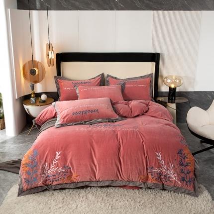 91家纺网 家纺一手货源 找家纺 摩卡 2021新品高端刺绣德芙绒保暖四件套 凡尔赛-豆沙