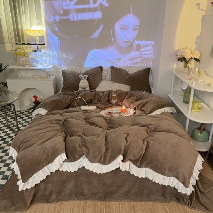 91家纺网 家纺一手货源 找家纺 千朵 2021新款法莱绒加厚牛奶绒四件套 米咖